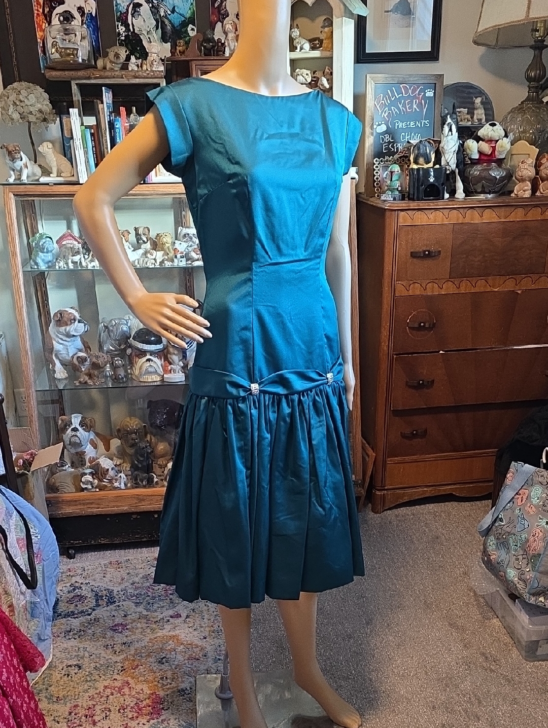 Vintage Teal Satin Midi Dress With Cap Sleeves